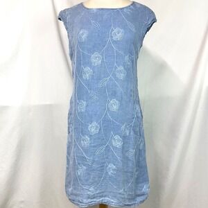 MADE IN ITALY Blue 100% Linen Floral Embroidered Dress Pockets Women's L Boho